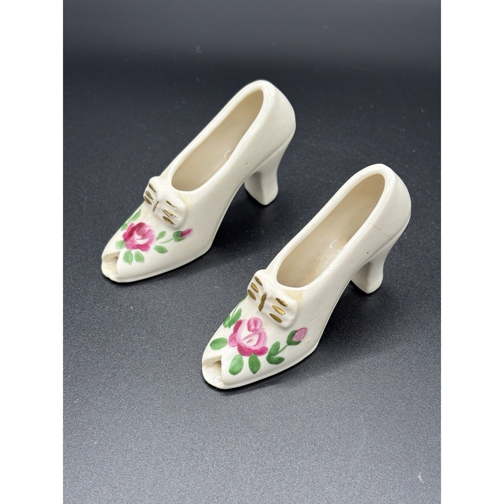 Vintage Wesley China Miniature Porcelain Shoes Pair with Pink Roses